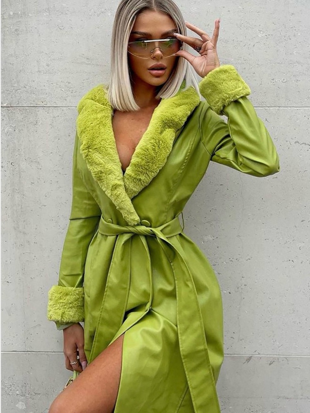 Fashion Nova Lime Green Faux Fur Trim Trench Coat